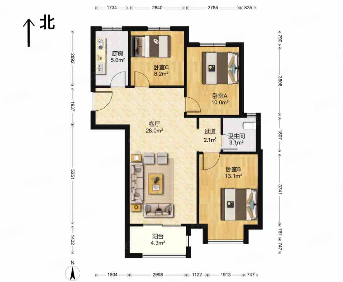 龙湖锦艺城3室2厅1卫104.67㎡南北87万