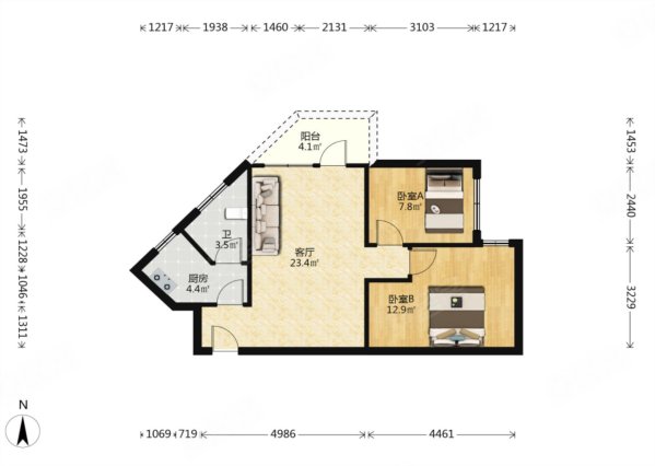 绿韵阁2室2厅1卫67㎡南北195万