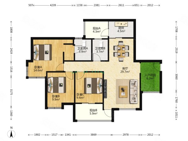 东方国际社区3室2厅2卫101㎡南68万