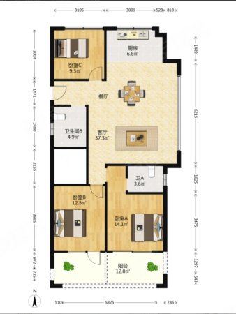 天圣大越府(北区)3室2厅2卫110㎡南北180万