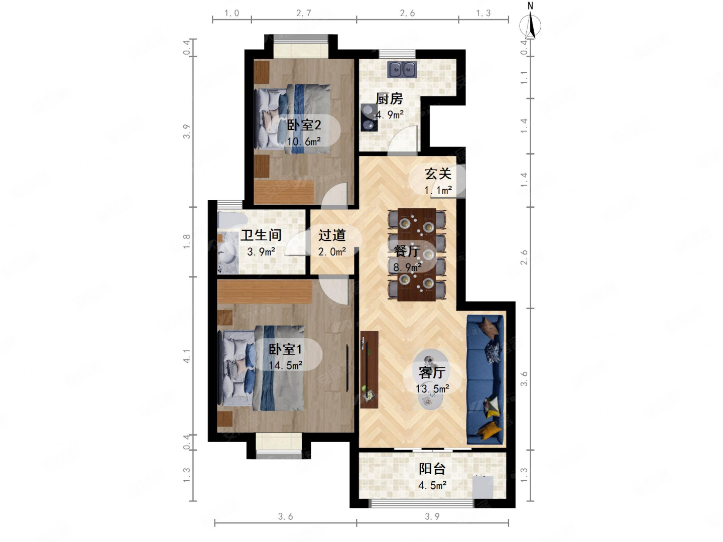 宝业万华城2室2厅1卫86.19㎡南北300万