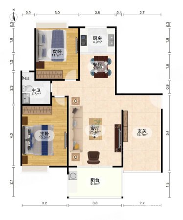 锦海东方银座2室2厅1卫87.43㎡南北110万