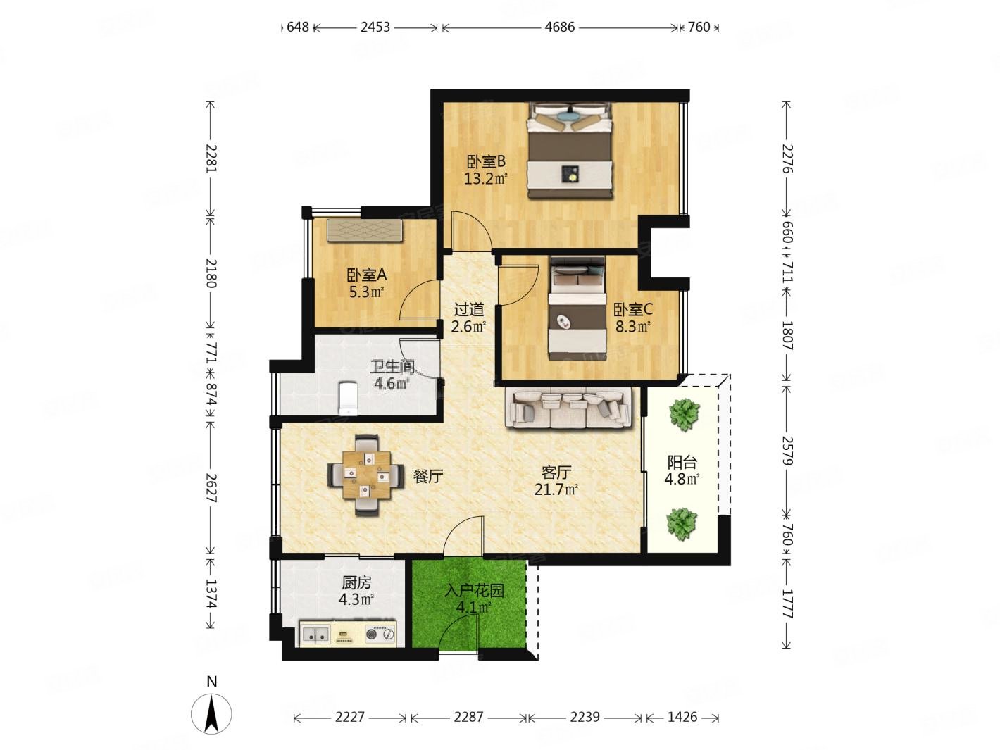 保利时代小3房户型实用满5车位