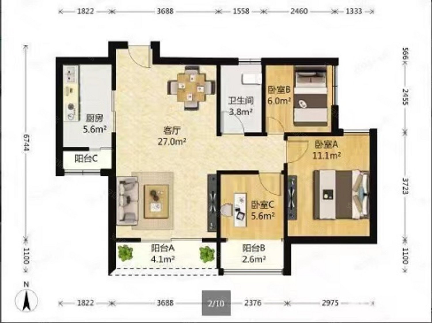 合能四季映像3室2厅1卫85.41㎡南北113万