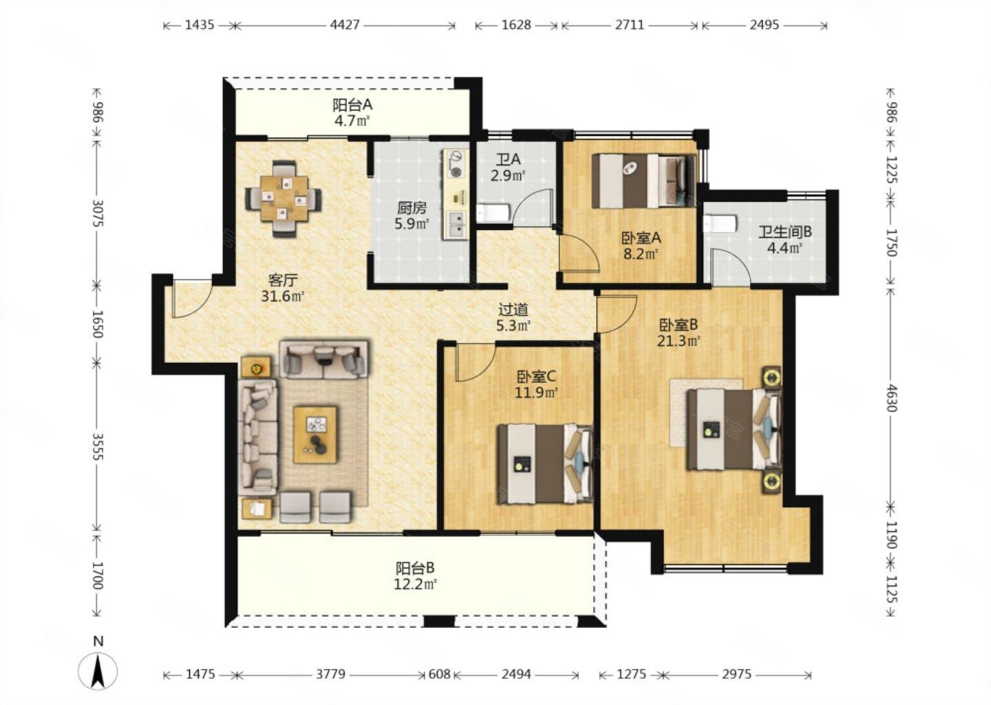 兰亭御园3室2厅2卫126.87㎡南北450万