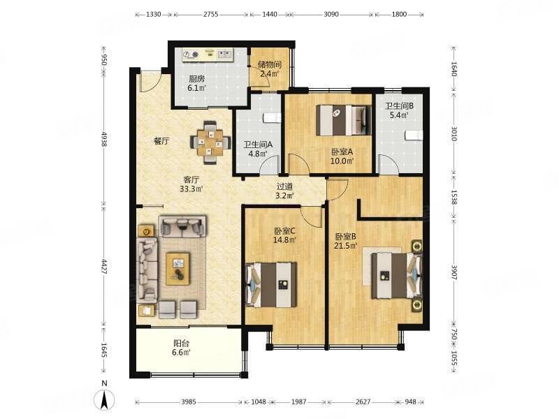 恒大龙奥御苑3室2厅2卫141㎡南北303万