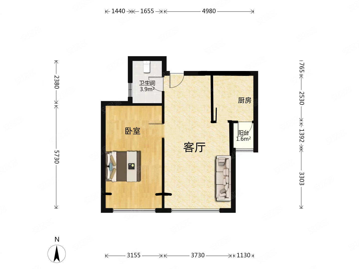 中南世纪城南区(崇川)1室2厅1卫87㎡南56万