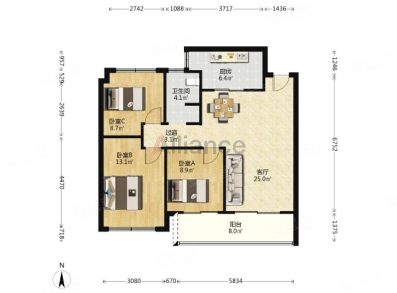 金融街融府3室2厅1卫99㎡南北153万