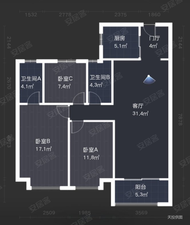 万科森林公园观庭3室2厅2卫119.21㎡南390万