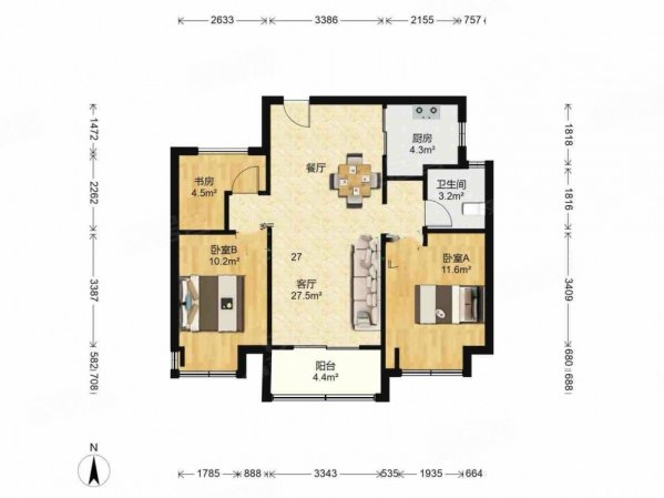 飞机户型小三居带电梯楼龄新南北通透精装可拎包入住