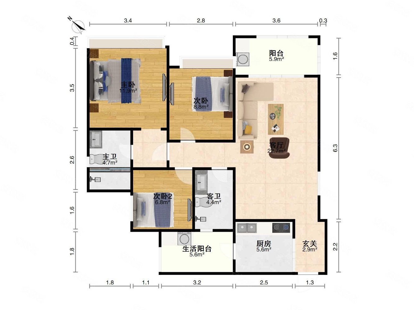 复地御香山3室2厅2卫99.91㎡南北169万