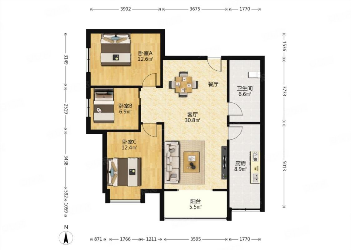 旭景兴园3室2厅1卫110.53㎡南155万