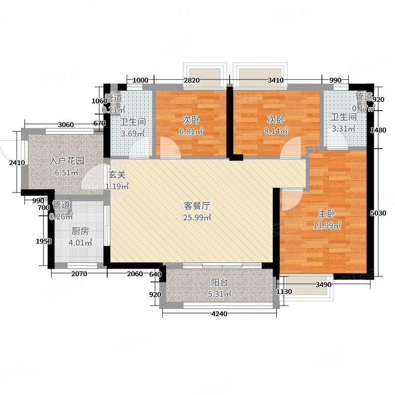 万科幸福誉三房两卫对流户型