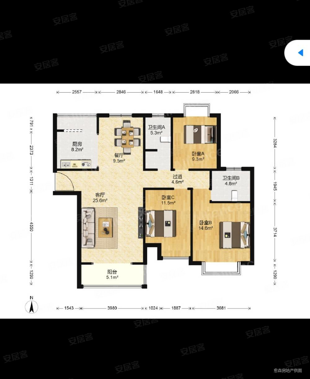 白马湖公园 德景园 经典三房 南北通透户型
