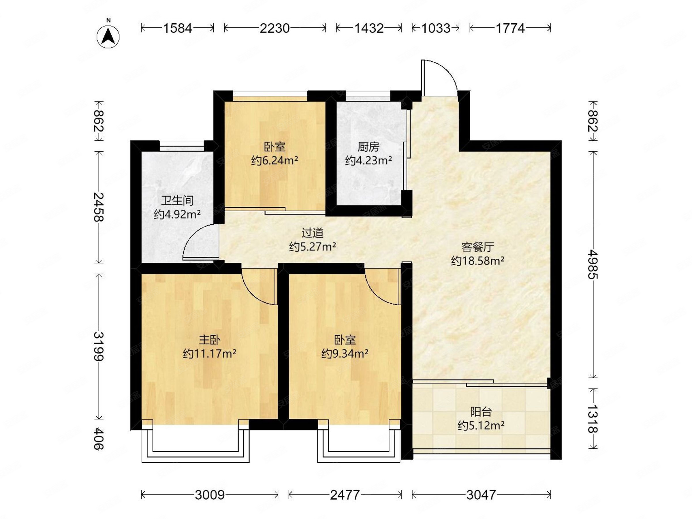 招商花园城3室1厅1卫87.81㎡南110万