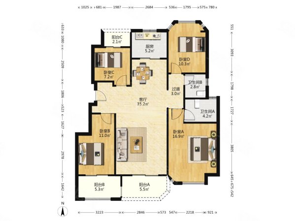 天玺二期洋房双阳台双卫户型方正看房方便