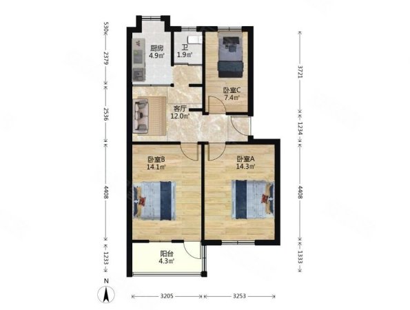 三茅巷小区3室1厅1卫72.49㎡南225万