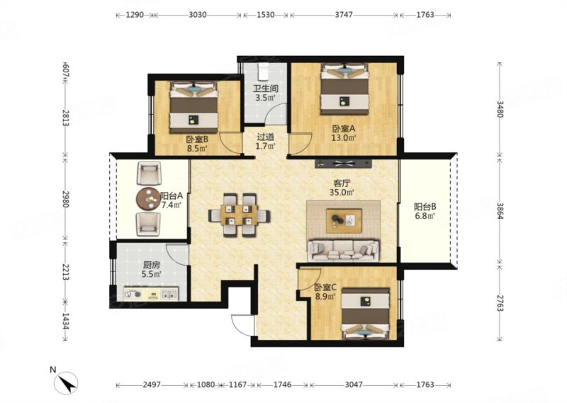 凤仪庄园3室2厅1卫104.62㎡南58万