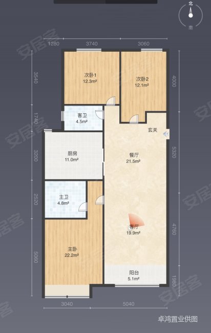 万达华府3室2厅2卫123.11㎡南北110万