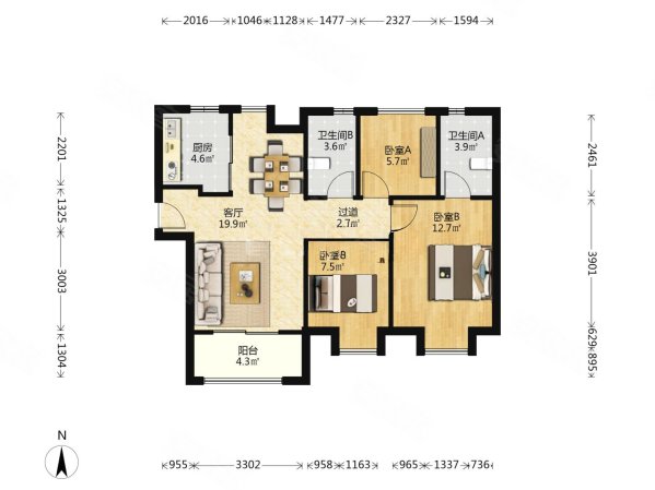 招商18722室2厅2卫94㎡南210万