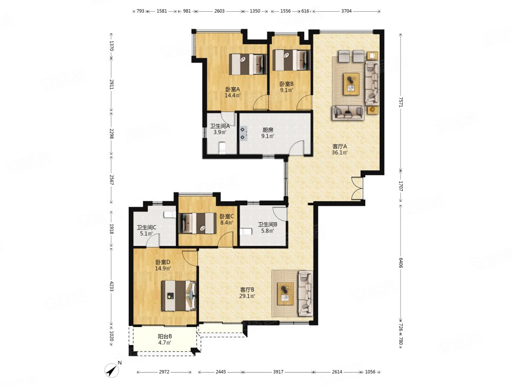 滨江瑞城4室2厅3卫187.92㎡南北899万