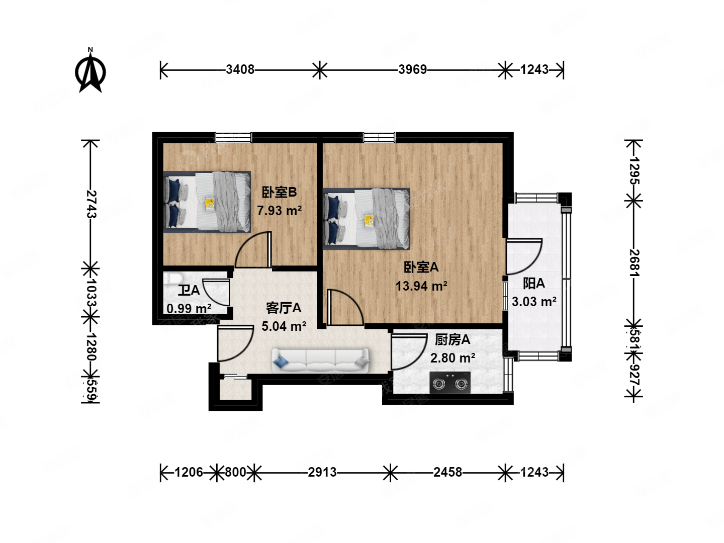 首钢十万平居民区2室1厅1卫44.86㎡东北175万