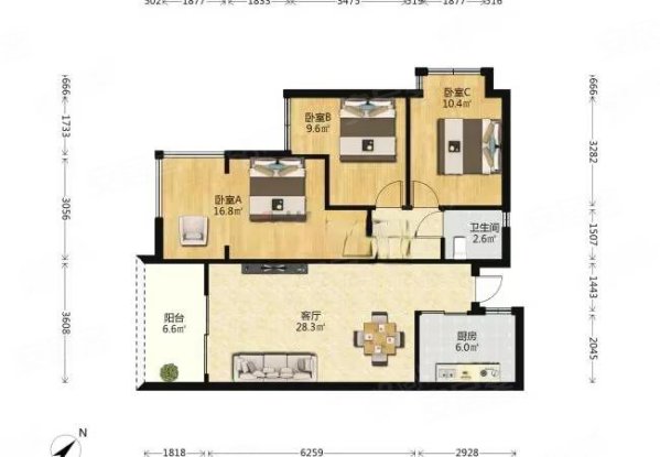 万科湖畔度假公园3室2厅1卫101.74㎡西南235万