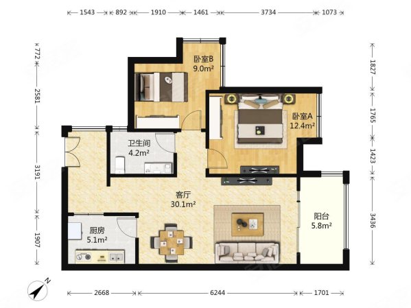 绿林书院2室2厅1卫80.88㎡南北78万