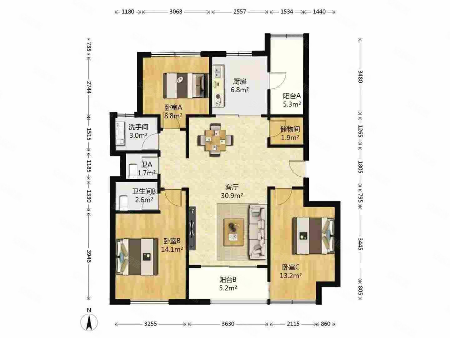 南北通透3室2厅万科城二期精装修