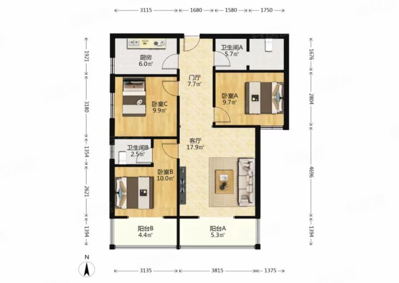 福锦花园3室2厅2卫105㎡南北80万