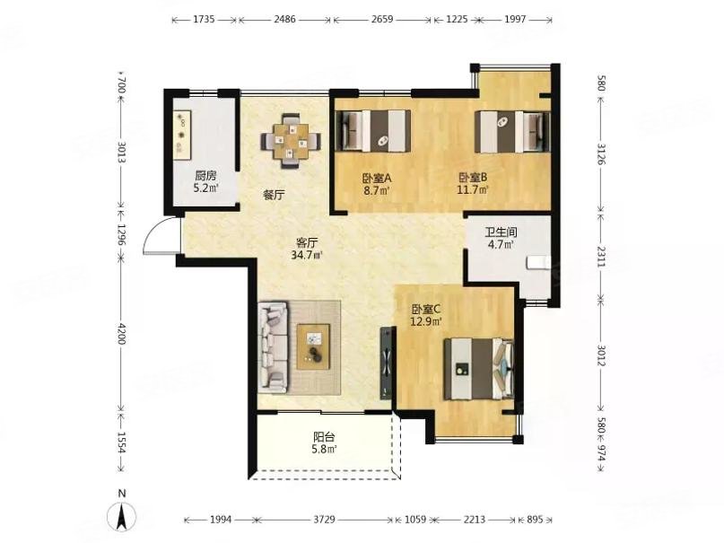 长航蓝晶国际B区3室2厅1卫103.1㎡南北207万