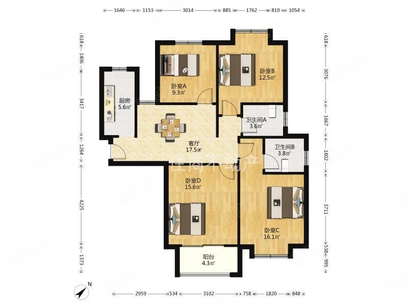 云翔佳苑(北区)3室2厅2卫123.8㎡南北430万