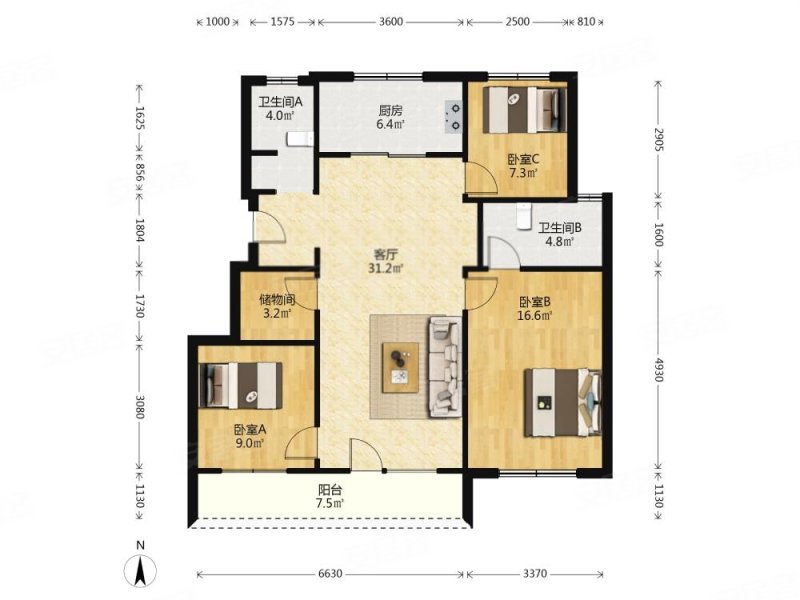 招商公园1872一二三期3室1厅2卫107㎡南北149.8万