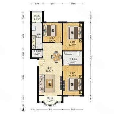 蓬莱公寓3室2厅2卫113㎡南北298万