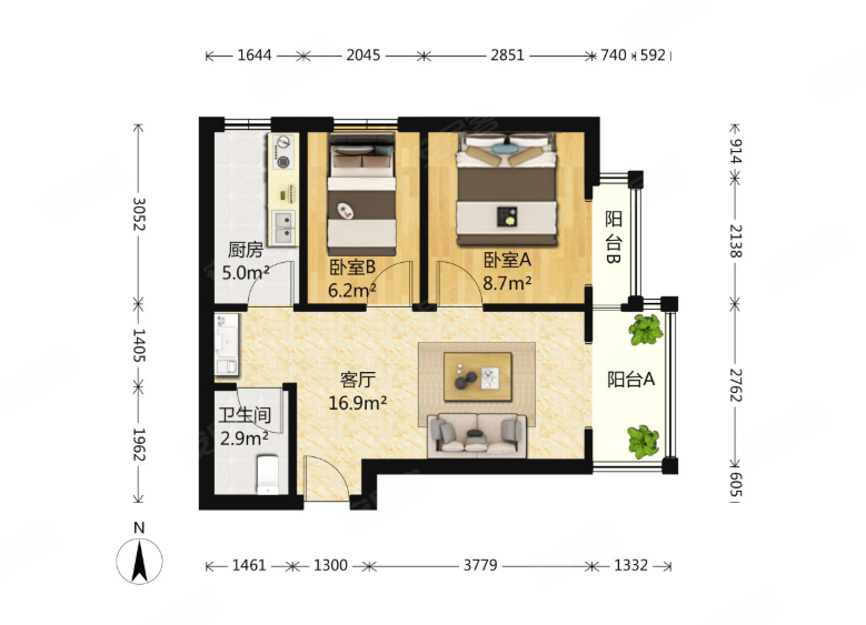 地铁房燕京航城地暖东北小两居无遮挡全天彩光
