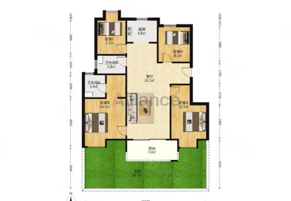 华润江南府(南区)4室2厅2卫115.91㎡南北245万