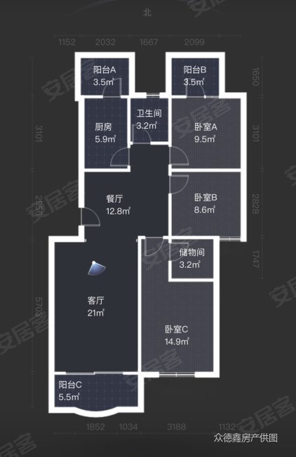 金山小区4楼正规三房两卫三个阳台,南北通透,看房方便