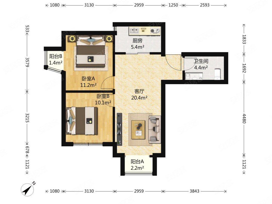 美林湾西南向两居河景房110万