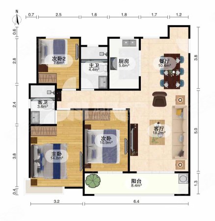 万科城市花园3室2厅2卫110.89㎡南北105万