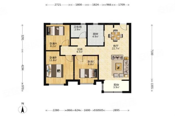 新城梧桐公馆3室2厅1卫101㎡南110万