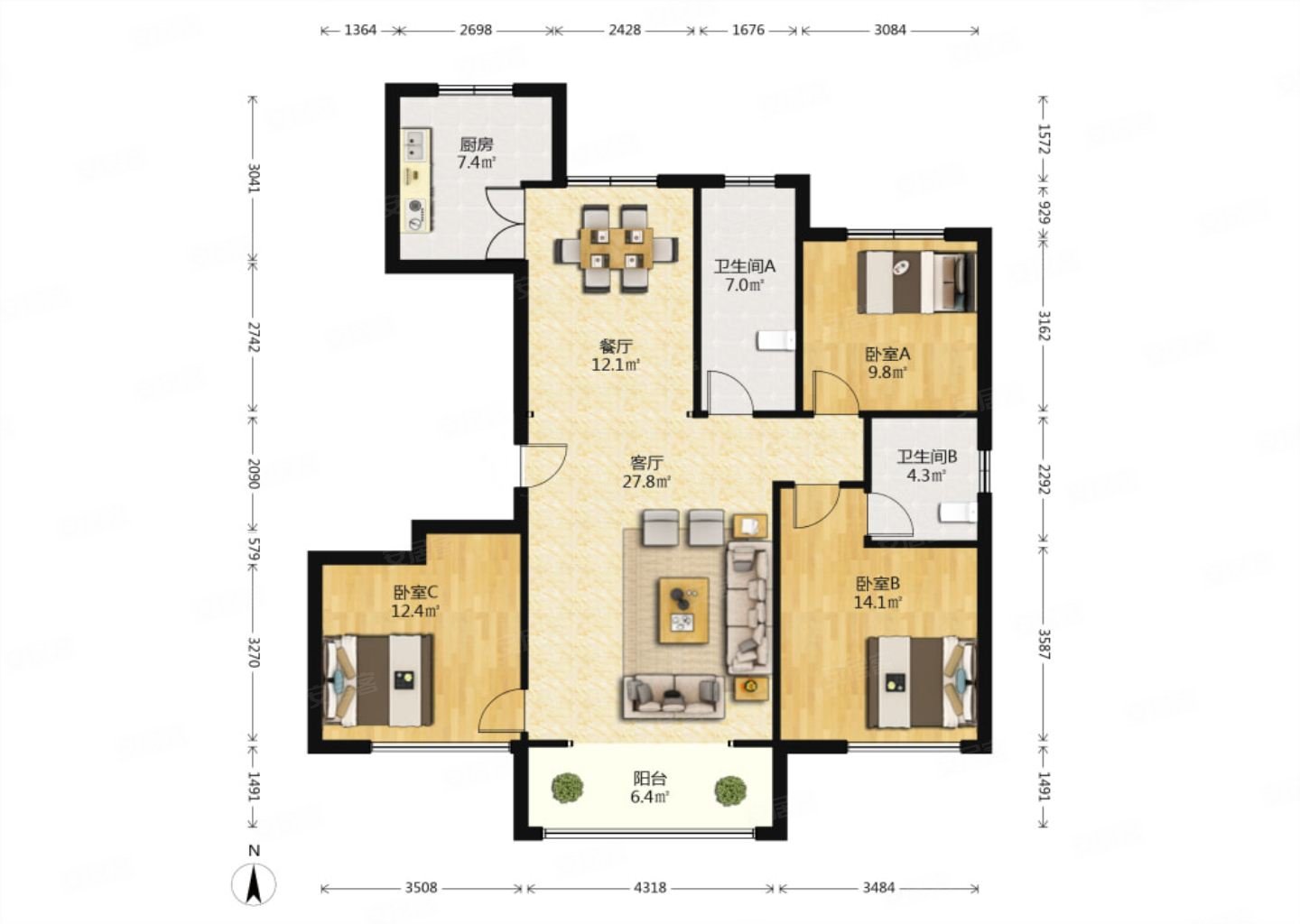 万特公馆(b区一期)3室2厅2卫143.84㎡南北99万