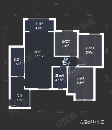 中国西部文化城3室2厅1卫89.48㎡南119万