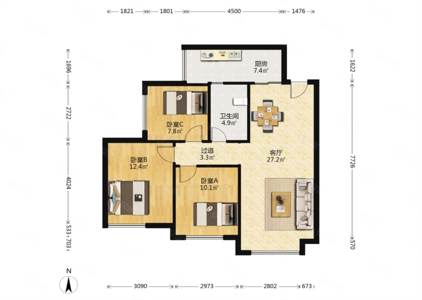 天悦城3室2厅0卫88.42㎡南北176万