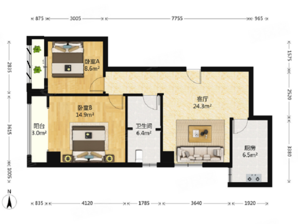 御溪望城2室2厅1卫85㎡南148万