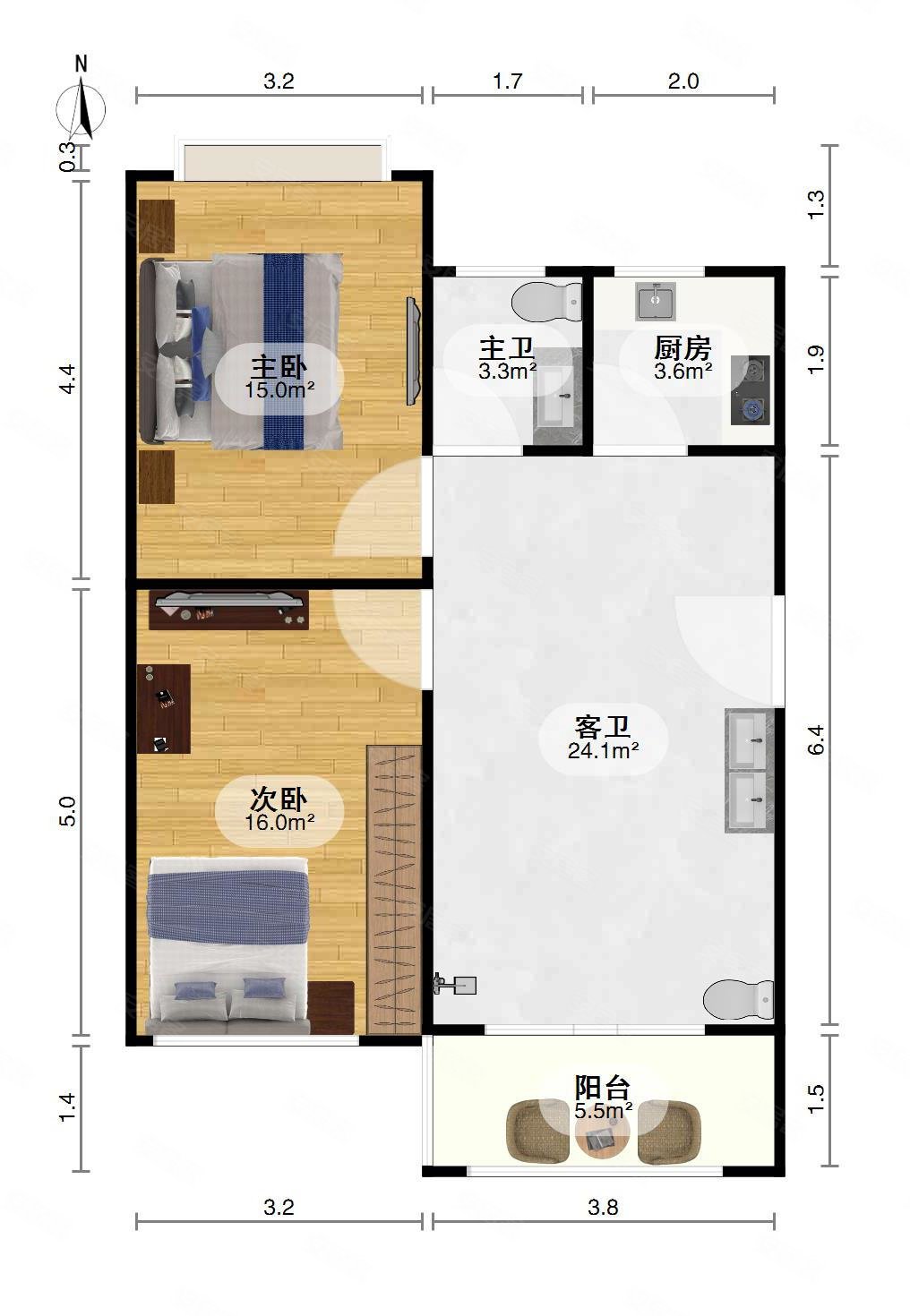 东湖花园小区2室2厅1卫57.51㎡南北46万