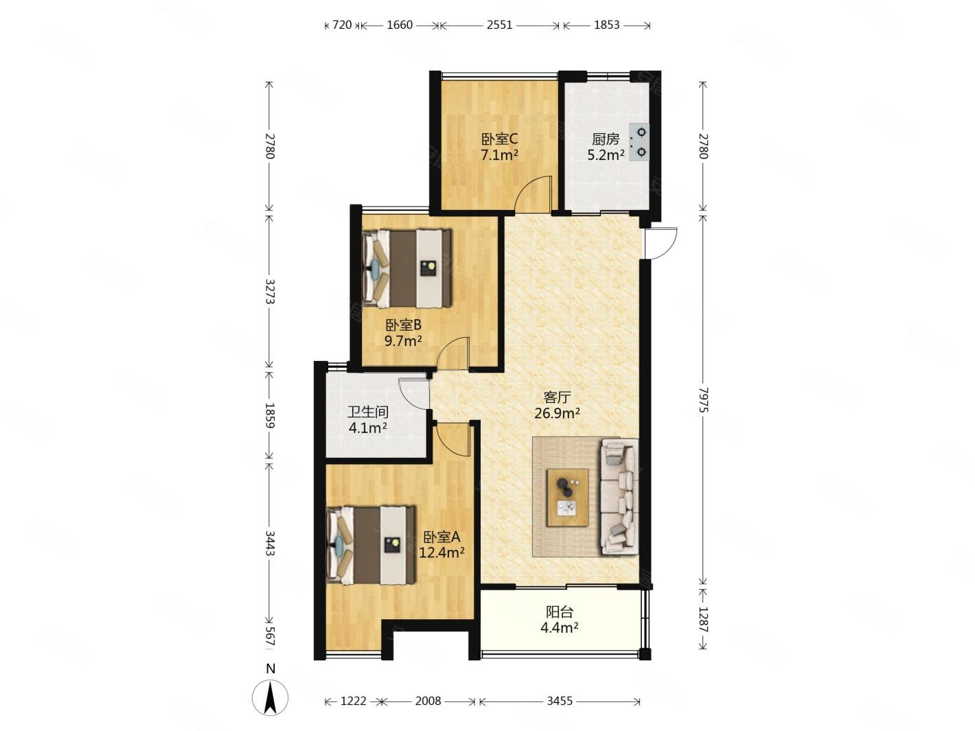 南山维拉3室2厅1卫95㎡南北178万