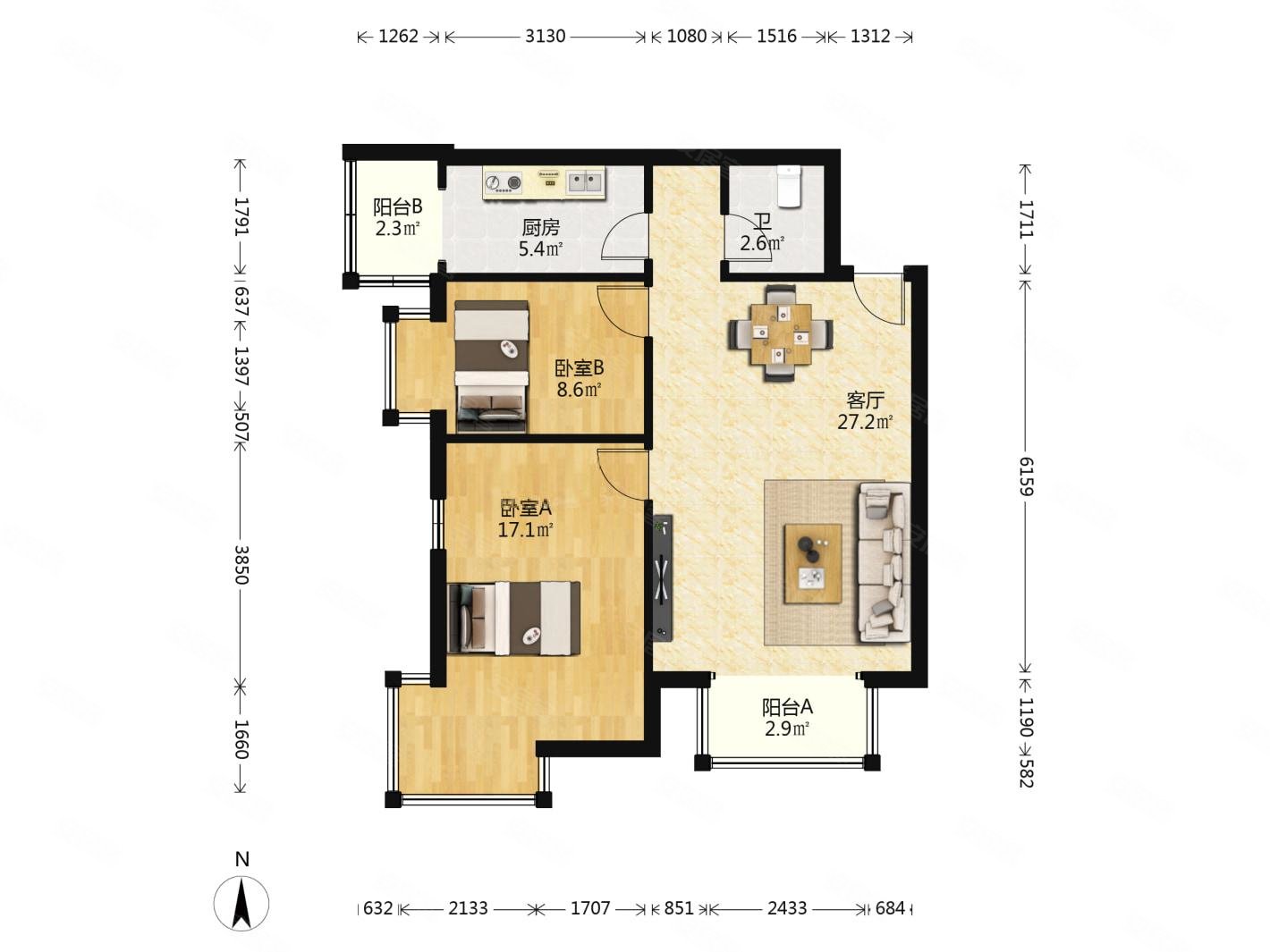 上上城第三季2室1厅1卫89.32㎡南125万