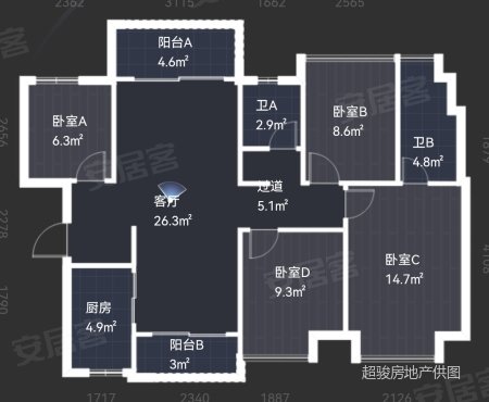 金科龙悦江山4室2厅2卫117.25㎡南北150万