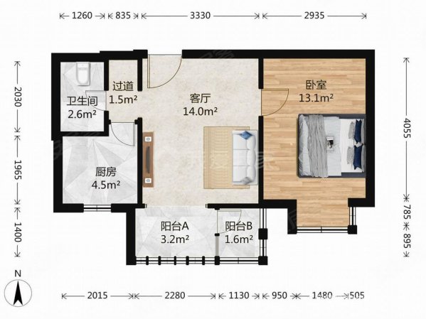 腾龙家园(一区)1室1厅1卫54.15㎡南85万