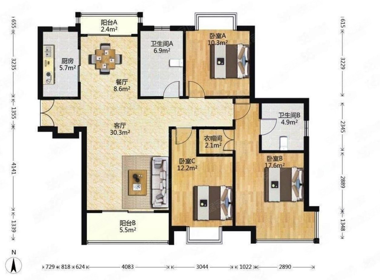 华侨城苏河湾行政公馆(一期)2室2厅2卫150.72㎡南北1240万